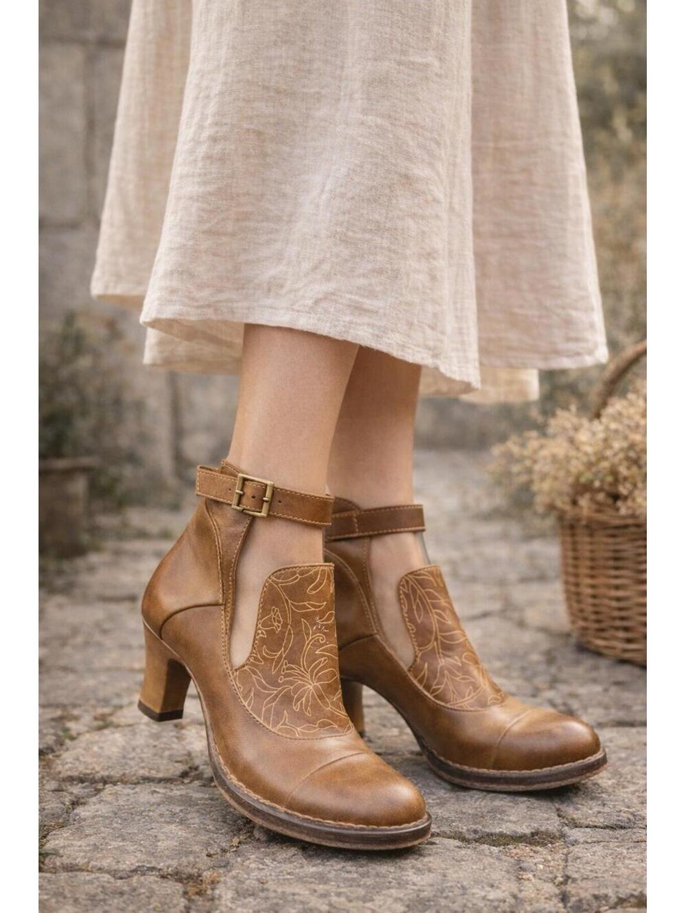 Neosens Brown Leather Ankle Boots Floral Tooled Strap Buckle Heel